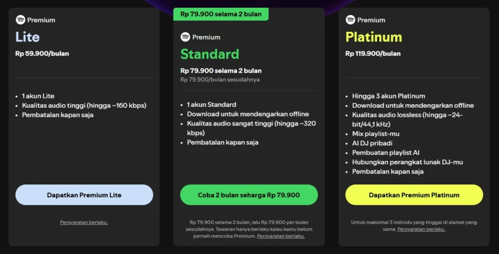 Spotify memperkenalkan paket baru Premium Platinum di lima negara, termasuk Indonesia, India, Uni Emirat Arab, Arab Saudi, dan Afrika Selatan, yang menawarkan akses ke audio lossless.